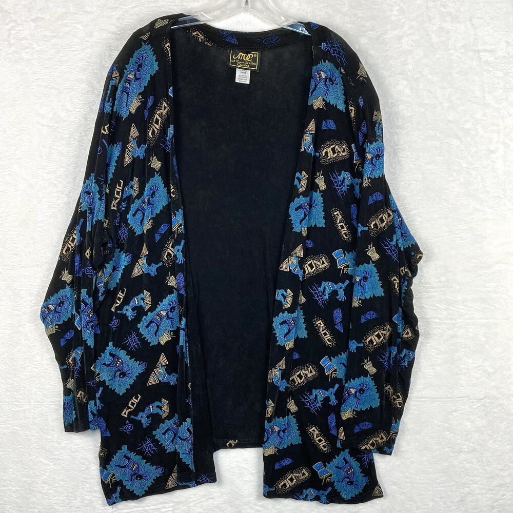 VTG Kimono Cardigan Womens 3X Black Blue Boho Hippie Festival Japanese Asian 90s